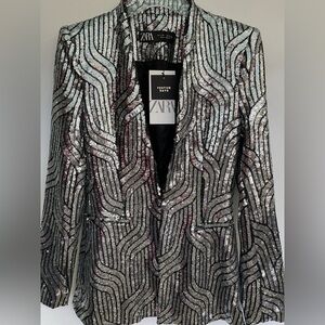 ZARA NEW SILVER LAPELLESS SEQUIN BLAZER